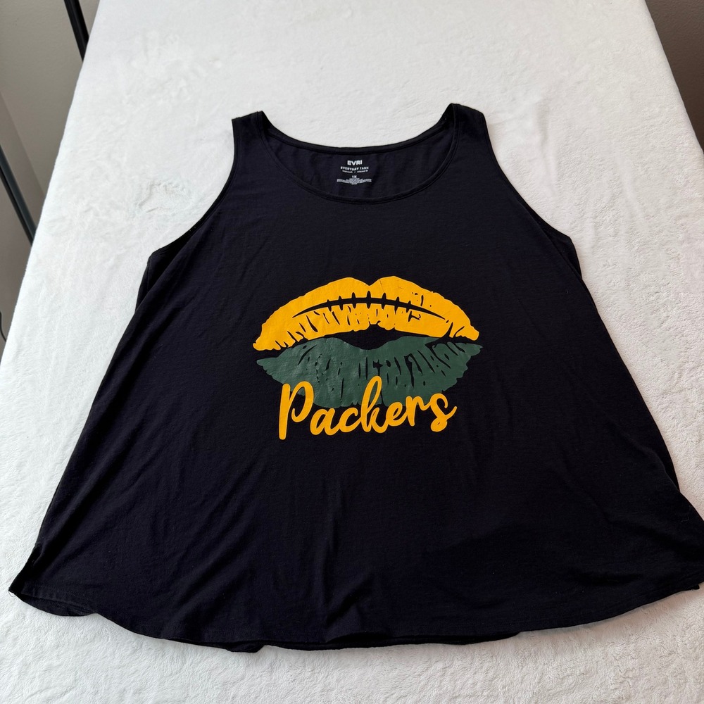 EVRI Packers Tank Top Womens 1X Black Good Graphic Lips Relaxed Fit NFL Gear